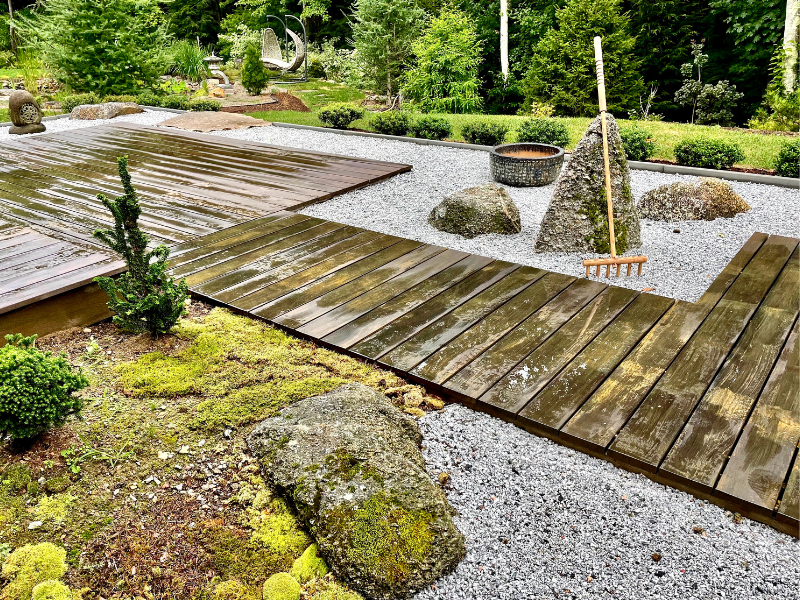 Zen garden with rake and special stones